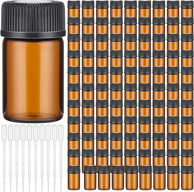 저장 병 5pcs 1ml 2ml 3ml 5ml 액체 향수 샘플 오리피스 감소 및 캡 소형 에센셜 오일 투명 바이알이있는 앰버 유리 병 샘플 앰버 유리 병