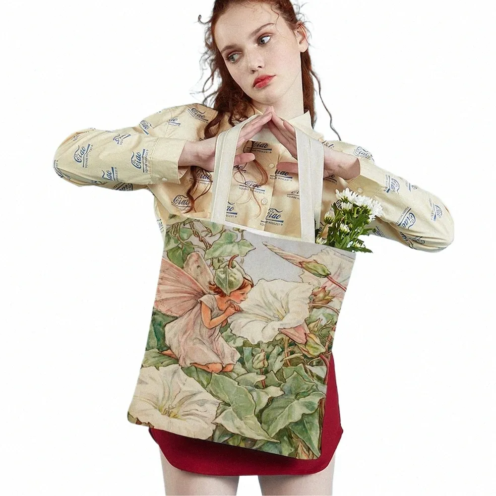 both Print Carto Fr Girl Shop Bag for Women Child Reusable Casual Fairy Tale World Ees Canvas Tote Shoulder Handbag 71bW#