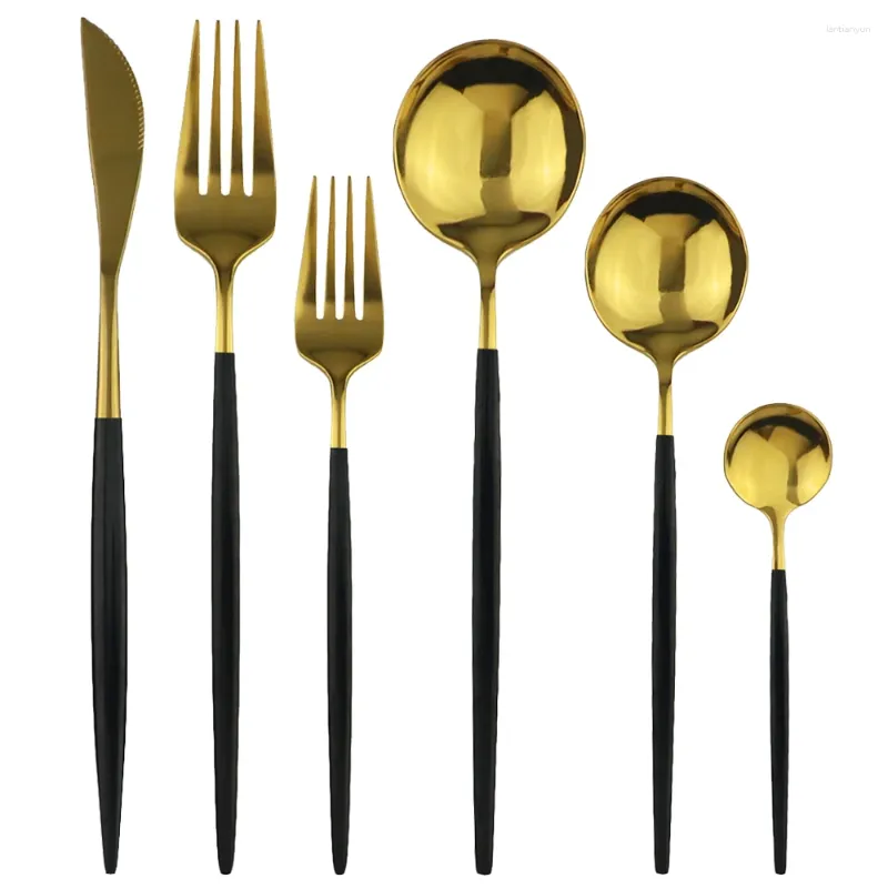 Flatvaruuppsättningar 4/6 Set Gold Kitchen 18/10 Rostfritt stål Tabellskivknivgaffel Spoon Cutlick Party Home Accessories Black