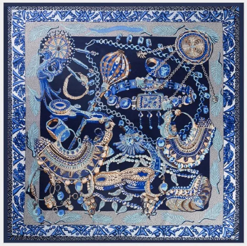 POBING Sciarpa di seta Donna Grandi scialli Collana retrò Stampa Stole Bandana quadrata Sciarpa di lusso Fazzoletto Foulard femminili 130 cm 240322