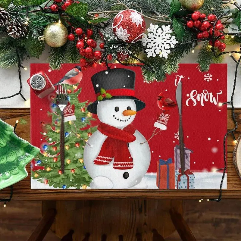 Tischsets Weihnachten Tischset Leinen Esszimmer Pad Schüssel Kaffeetasse Matte Weihnachtsbaum süße Schneemann Tischdecke 40x30CM