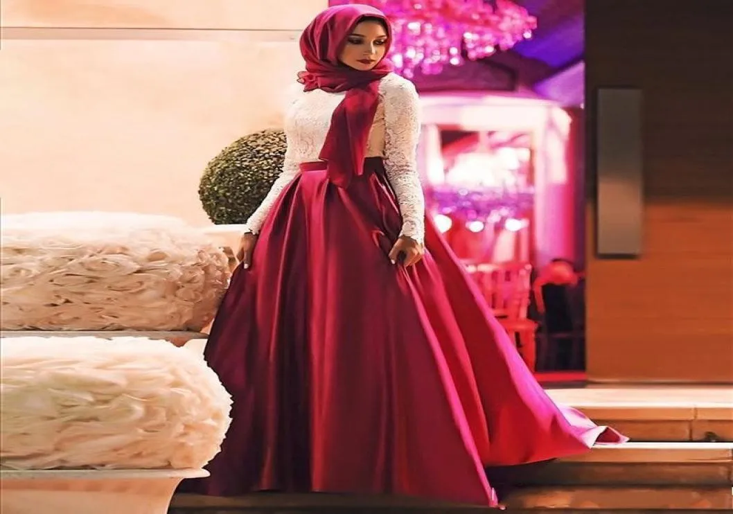 2019 moda bianco rosso musulmano abiti da ballo maniche lunghe hijab abiti da sera in pizzo raso lunghezza del pavimento plus size arabo saudita partito D5505135
