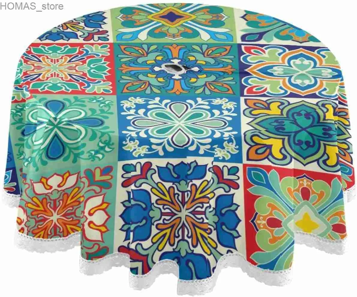 Bordduk mexikansk talavera utomhusduk 60 tum vattentät rund bordsduk för bakgård party bbq dekor matsal bord dekoration y240401