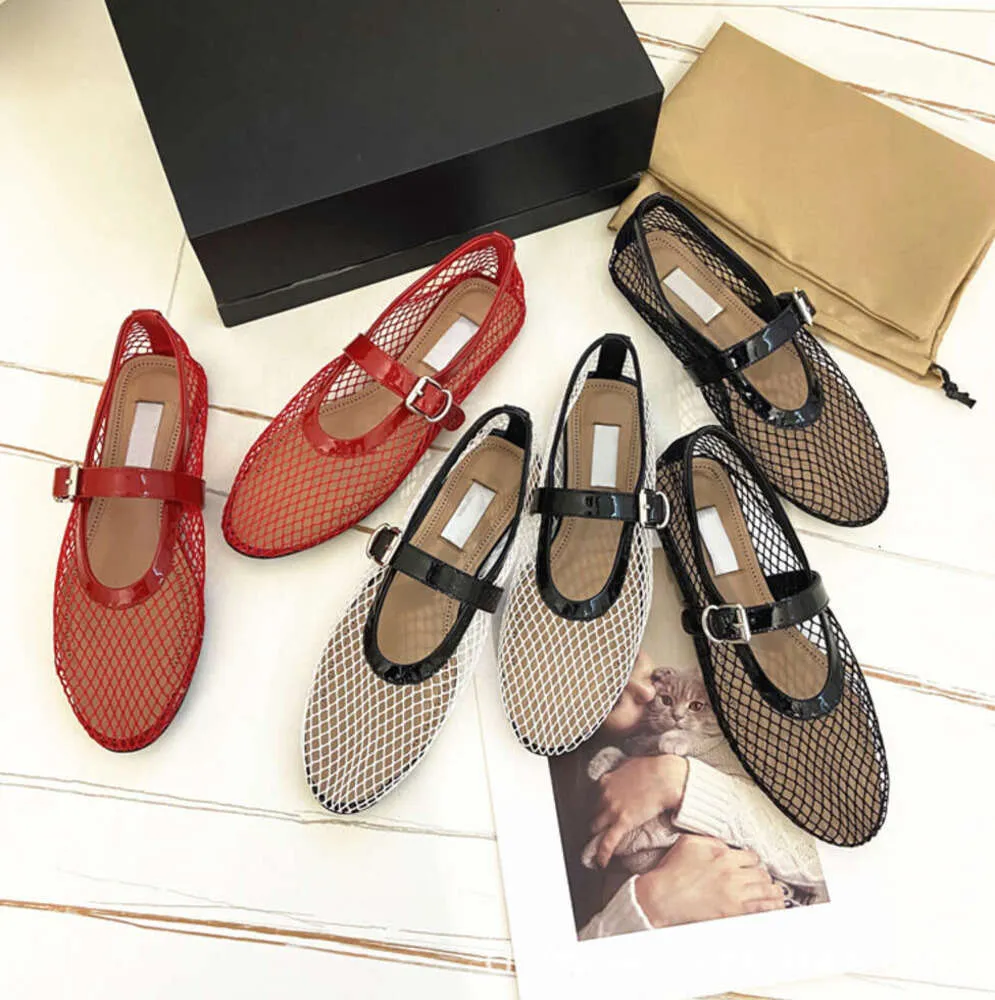 Toppversion Round Toe Mesh Belt Buckle Ballet Shoes For Women Ala * Flat Bottomed Hollowed Out Mary Jane Single Shoes Fishing Net Shoes Ghwedc