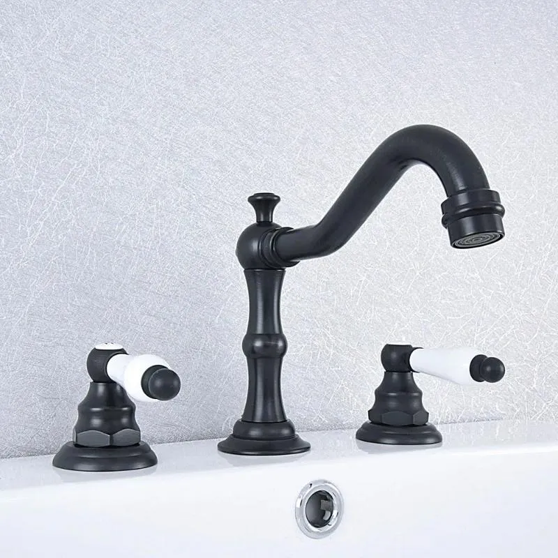 Bathroom Sink Faucets Black Brass Basin Deck Mounted 3 Hole Double Handle And Cold Water MixerTaps Tsf542