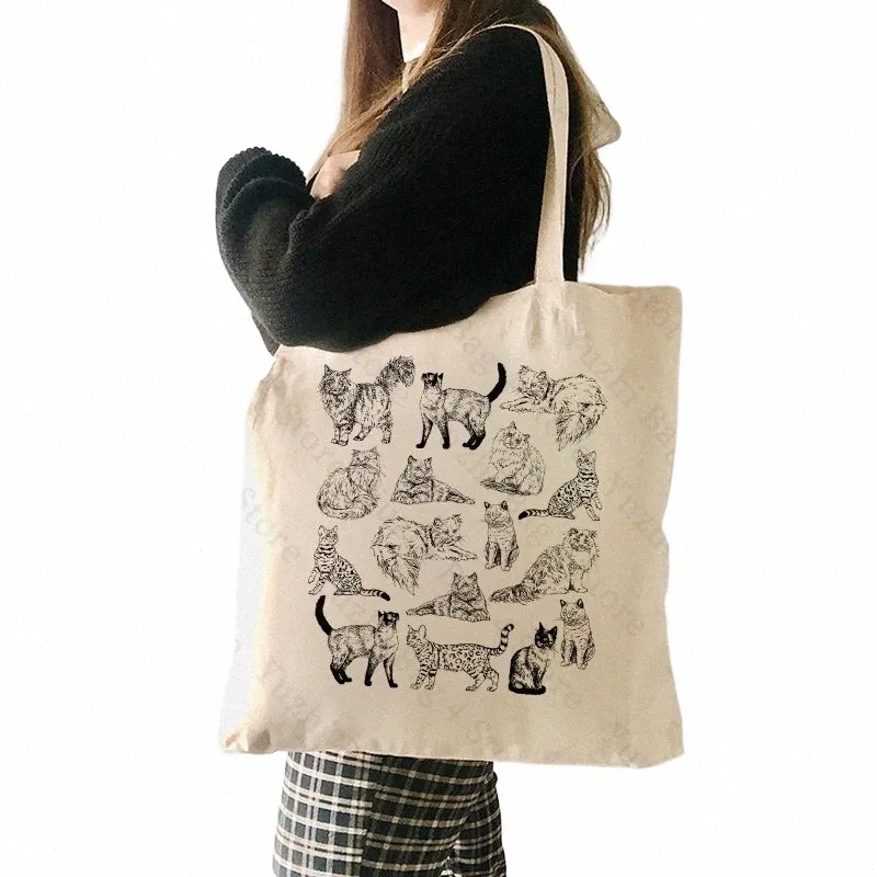 Lindo patrón de gato bolsa de asas de lona bolsas de tienda de mujer bolsas de arte de estilo retro vintage regalo de amante de los gatos bolsa de tienda de gran capacidad N4PK #