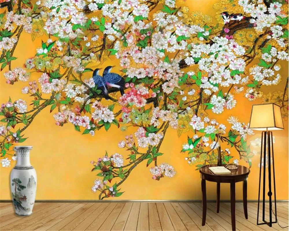 Tapety Wellyu Piękna tapeta chińska ręcznie malowane sztuczki kwiaty i ptaki mandarynki kaczki