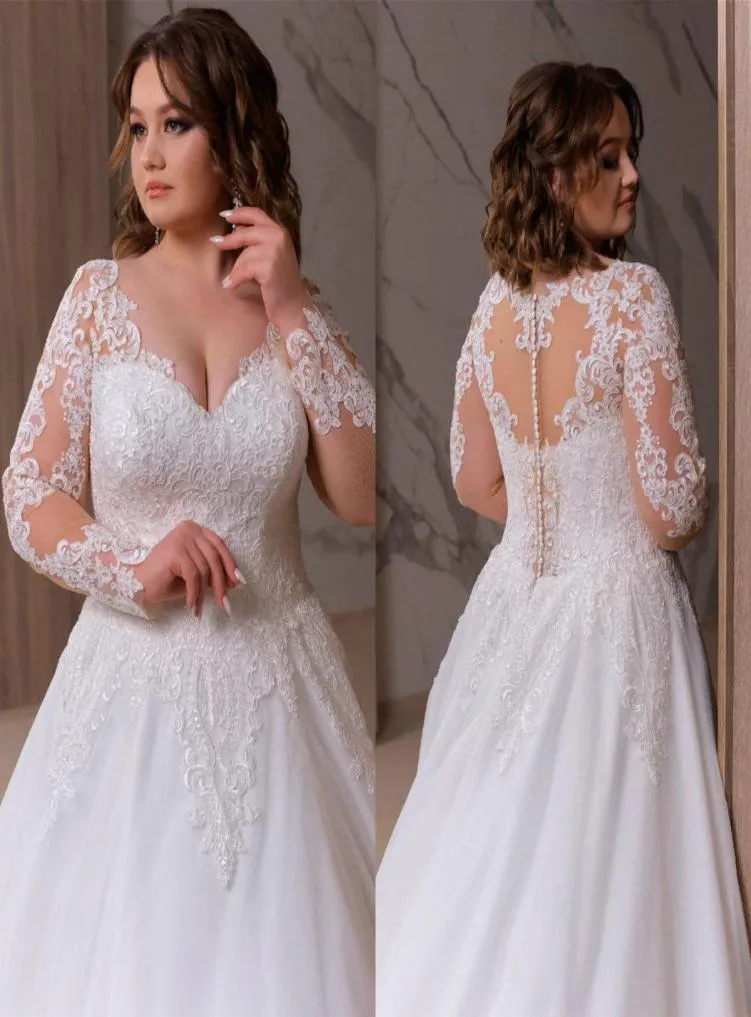 2021 Plus Size Bohemian Wedding Dresses V Neck Appliced ​​Long Sleeves Lace Bridal Gown Ruffle Sweep Train Custom Made Abiti Da Spo8782694