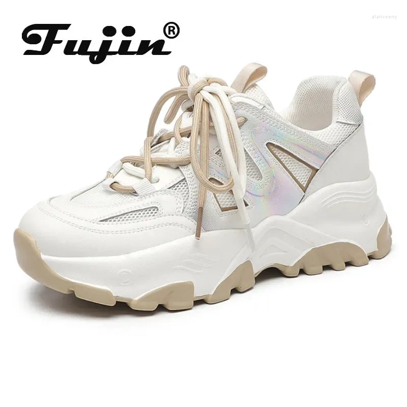 Zapatos informales Fujin 5,5 cm 2024 Air Mesh Hollow cuero genuino transpirable verano vulcanizado plataforma mujeres moda zapatillas gruesas