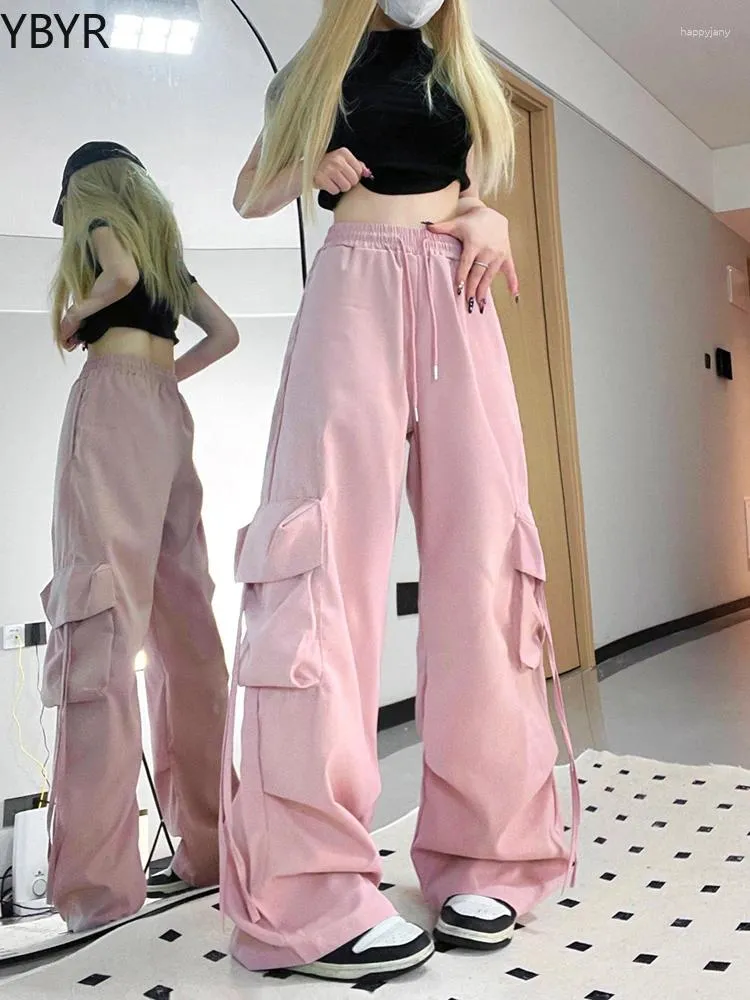 Calças femininas rosa streetwear carga mulheres soltas harajuku y2k calças retas americanas retro hip hop casual bf perna larga