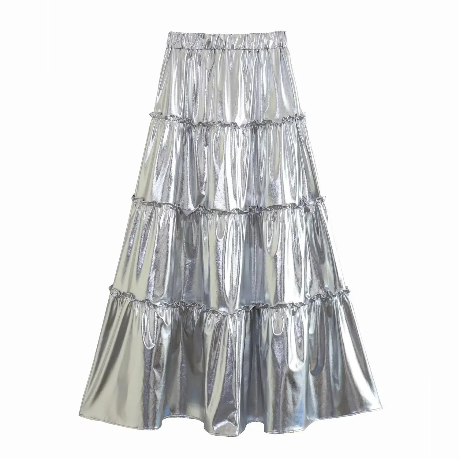 Silberfarbener, metallischer, plissierter, fließender Aline-Röcke High Street Damen-Midirock mit elastischer Taille und Kuchen für Party 240323