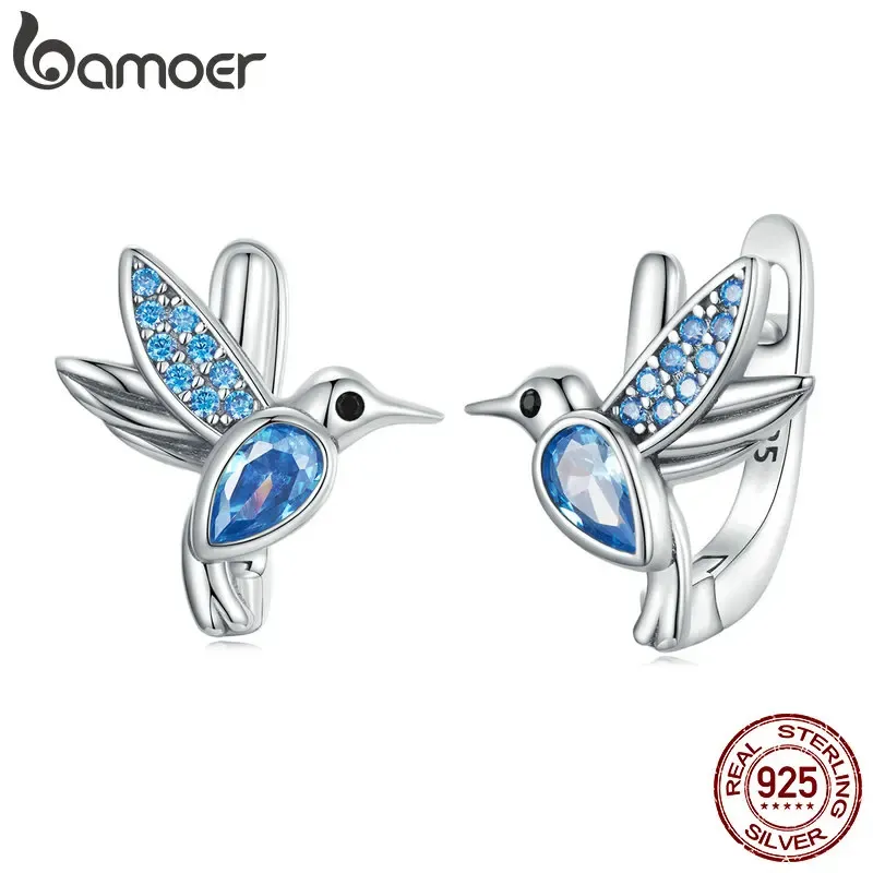 Earrings Bamoer 925 Sterling Silver Cute Hummingbird Ear Clips for Women Shiny Blue Zirconium Bird Piercing Earrings Fine Jewelry SCE1503