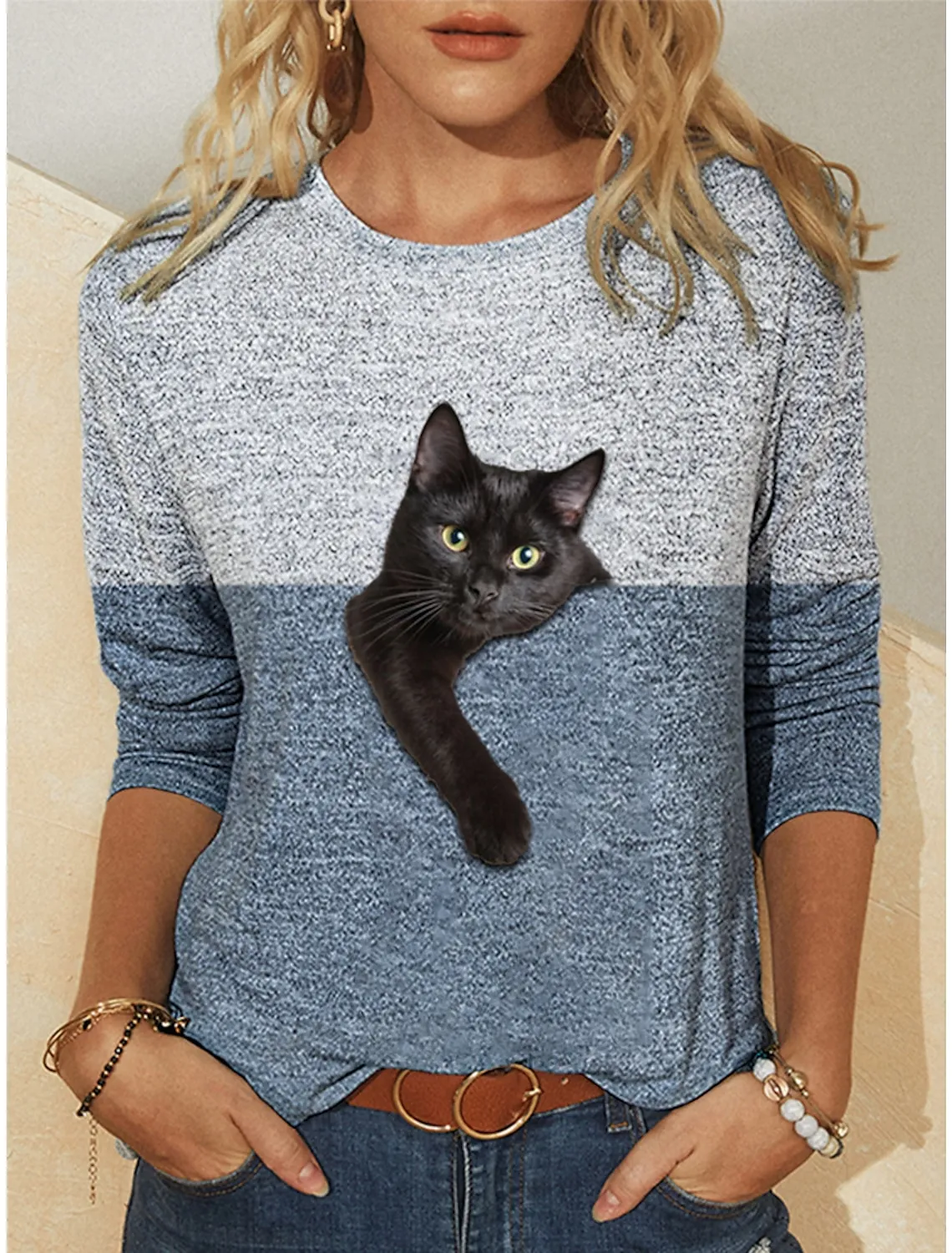 ★Fallett★CAT PRINT LONG SLEEVES DHgate.com:Womens Fall Loose Oversized T-shirts 3D Graphic