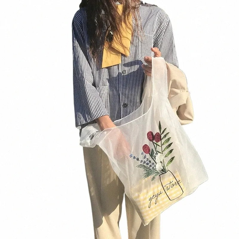 Elegant Women's Transparent Tote Bag Summer Organza Beach Bag with  Embroidery, Eco-Friendly Clear Handbag Purse for Girls