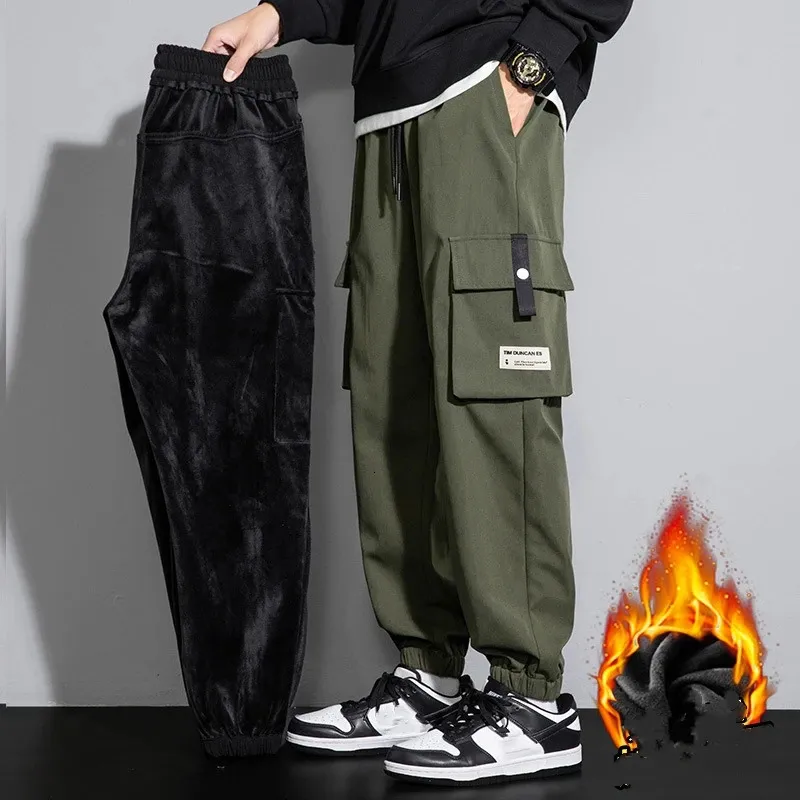 Vintermän Y2K Vintage Baggy Pants Thicken Warm Pants Mens Fleece Cargo Ankle-Lengen Joggers Harem Pants Oversize Trousers 240323