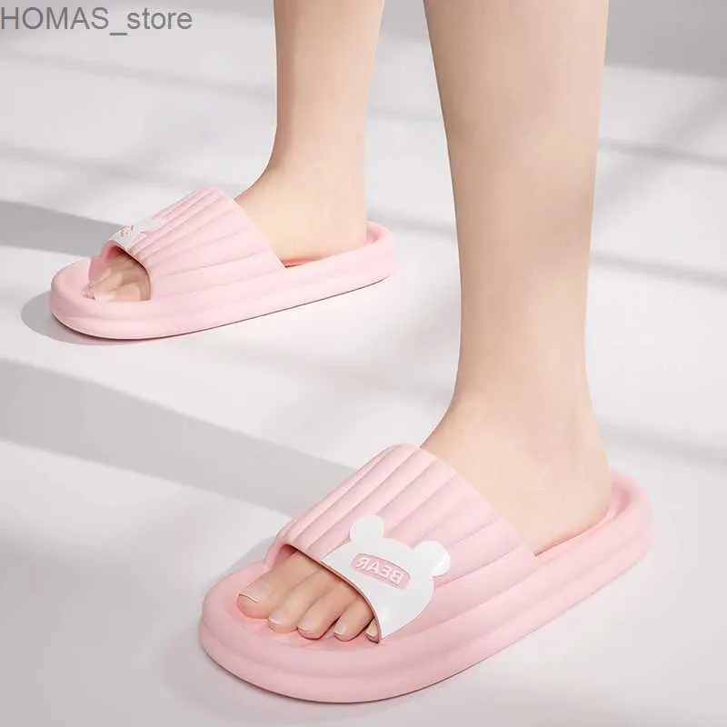 Sapatos em casa desenho animado urso verão mulheres chinelas internas não deslizam banheiro para casa piso plano lison slides de fundo grossos y240401