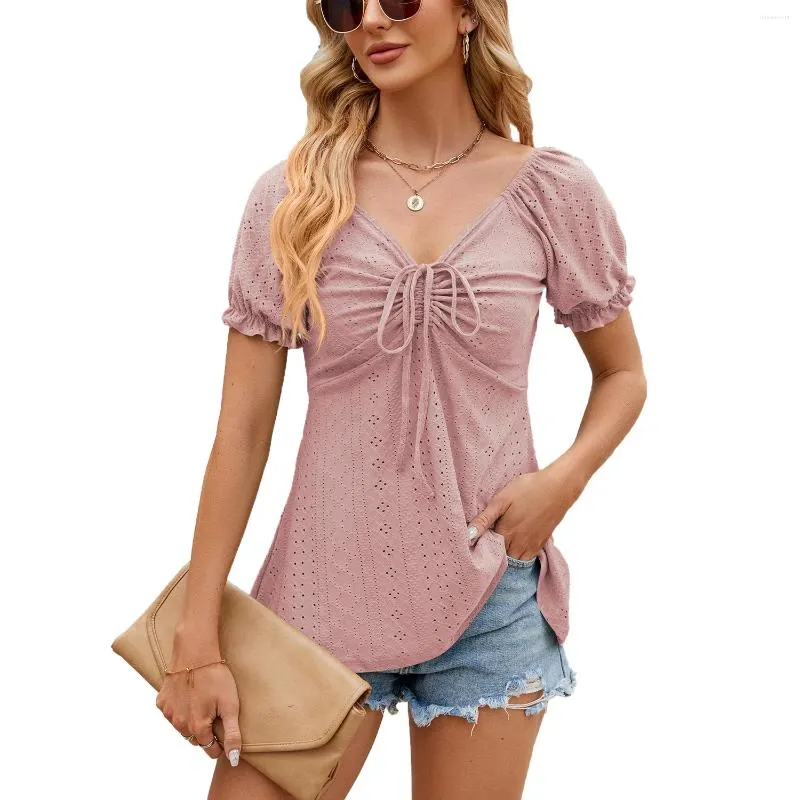 Women's T Shirts Women Short Sleeve Shirt Tops For Summer Solid Pleated Lace Up Hollow Out