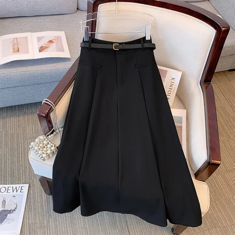 Plussize saia preta feminina profissional bolsos duplos seleção de sete tamanhos com forro solto moda 240321