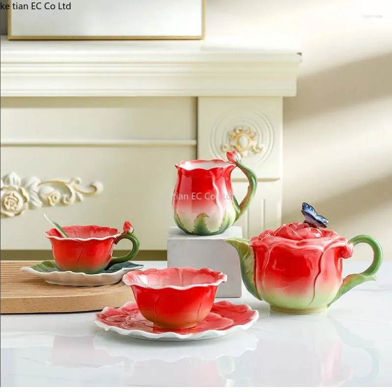 Tasses soucoupes pastorale européenne émail Rose tasse en céramique maison après-midi thé cafetière bol à salade assiette à Dessert ensemble cadeau pour les amis