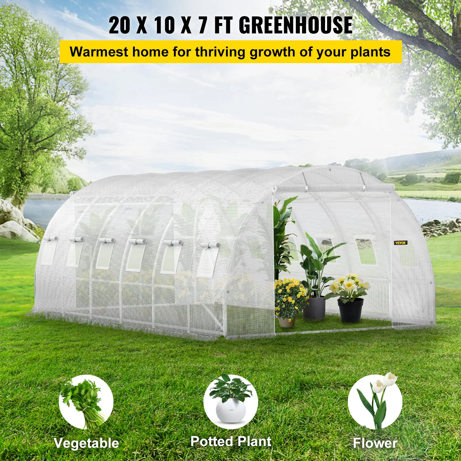 Walk-In Tunnel Greenhouse, 20x10x7 ft/15x7x7 ft/12x7x7 ft/10x7x7 ft Portable Plant Hot House, Galvanized Steel Hoops, Green/White