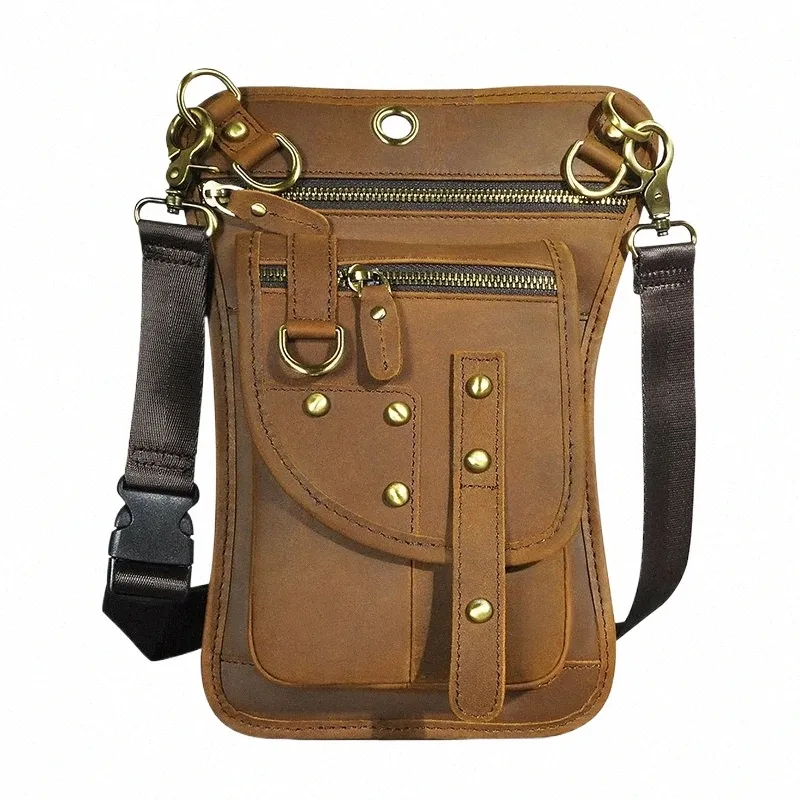 Crazy Horse Leather Design Axel Sling Bag Multi-FuncTi Retro Travel Fanny Midjebältet Pack för män Kvinnlig ben Drop Bag 2141 64Cr#