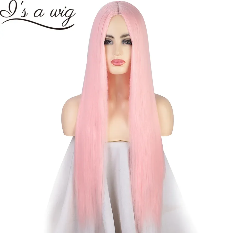 Perruques I's A Wig Pink Straight Long Synthetic Wigs pour femmes Blanc Blanc Blonde orange Blonde peut être des perruques de chaleur Cosplay Fibre