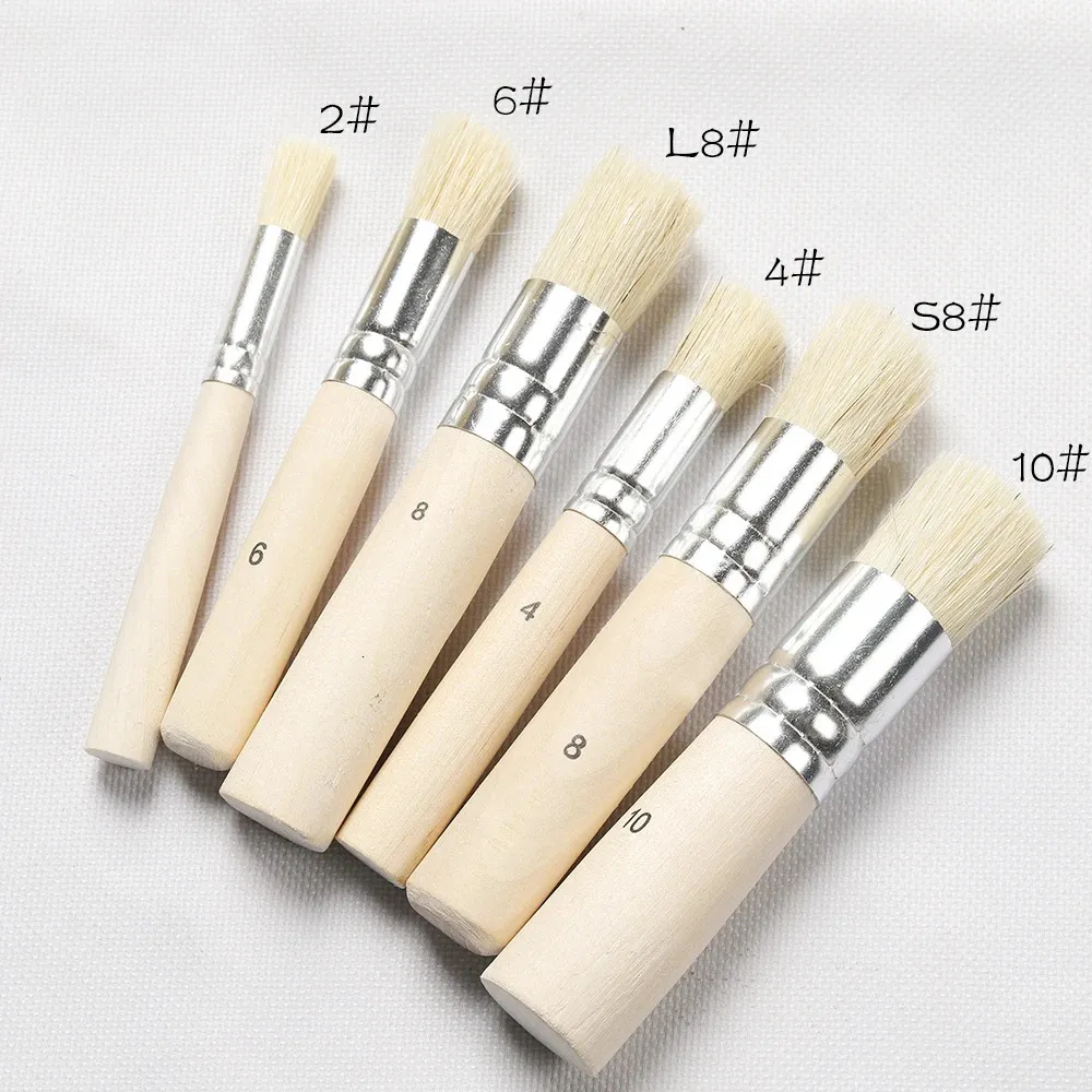 6Pcs Wooden Handle Watercolor Painting Stencil Brush Hog Bristle Acrylic Oil Painting Brushes Student Professional Art Supplies 240318