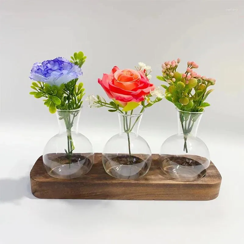 Vases 3/5Ball Bottles Transparent Flower With Wooden Base Simple Art Hydroponic Living Room Office Table Shelf Decoration