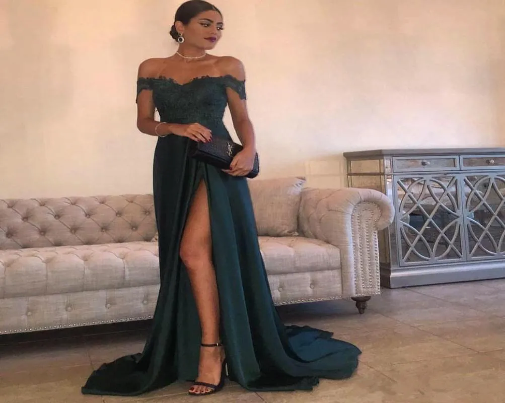 Robe de soirée longue en mousseline de soie, épaules dénudées, avec des Appliques en dentelle, vert foncé, robes de bal, fermeture éclair dans le dos, 2020, 8071262