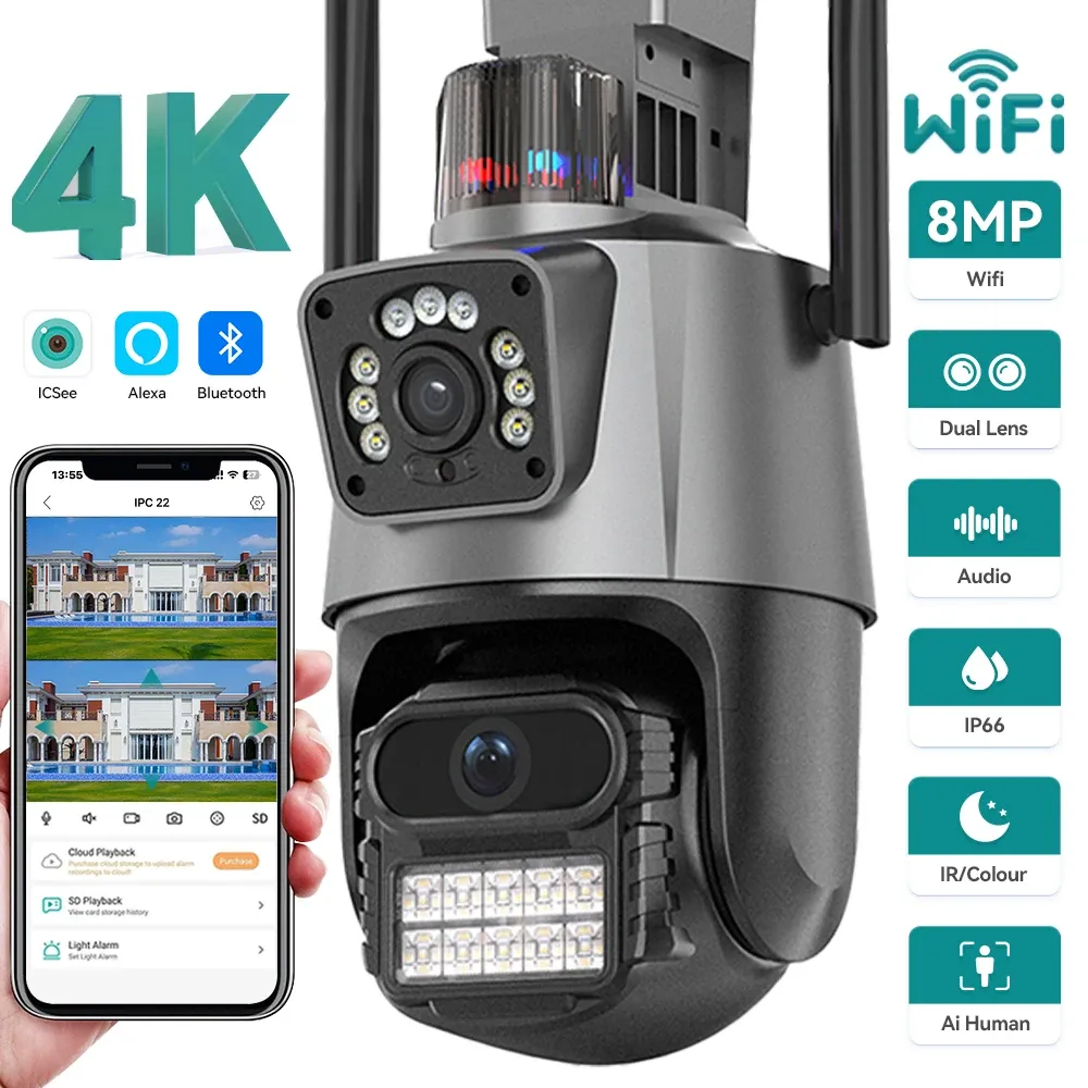 4K 8MP WiFi Camera Dual Lens Dual Screen PTZ IP Camera Outdoor ...