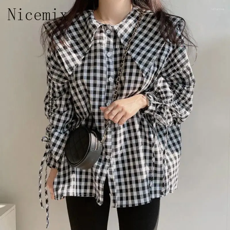 Women's Blouses Korean Vintage Black And White Plaid Doll Collar Shirt Women Top Spring Loose Drawstring Bubble Sleeve Clothing