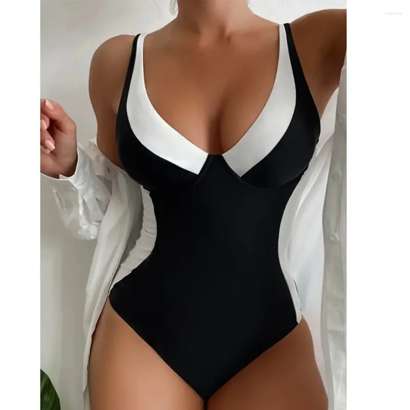 Costumi da bagno da donna Cikini-Pannello a contrasto monocromatico da donna Costume da bagno bikini intero sexy Raccolta di coppe rigide 2024