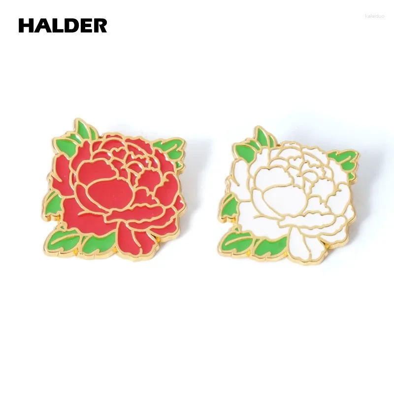 Brooches HALDER White Red Peony Flower Enamel Nature Green Plant Brooch Lapel Pins Backpack Costume Badge Jewelry Accessories Gift