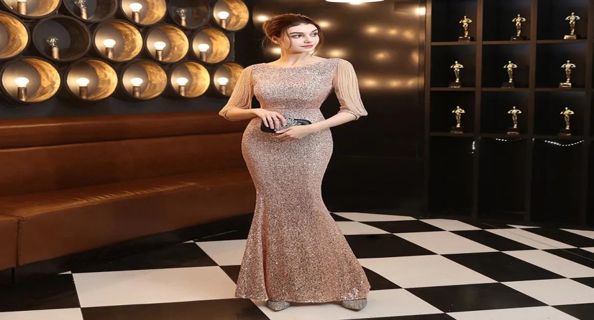 Elegant Maxi Dress Gold Sequin Evening Dress Women Formal Long Sleeve Beads Party Gowns4338782