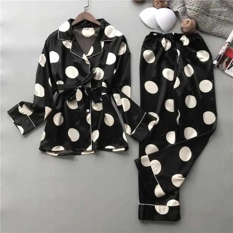 Silk Pajama Set Womens Summer Dot Print Sleepwear, Sexy Long