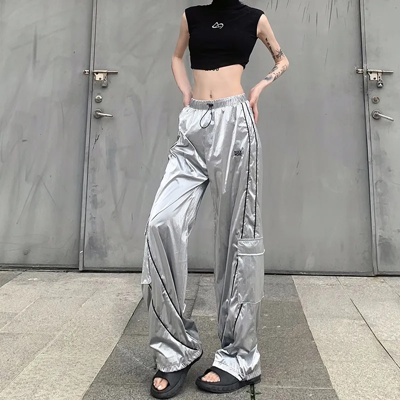 Weekeep Silver Cargo Pants Women High Waist Baggy Patchwork