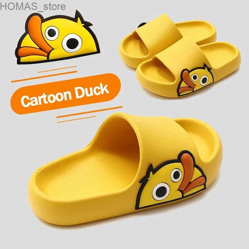 Hemskor Cartoon Duck Beach Slippers 2023 mode kvinnor män sommar utomhus tjock sula glider kvinnliga inomhus badrum icke-halkskor sandaler y240401