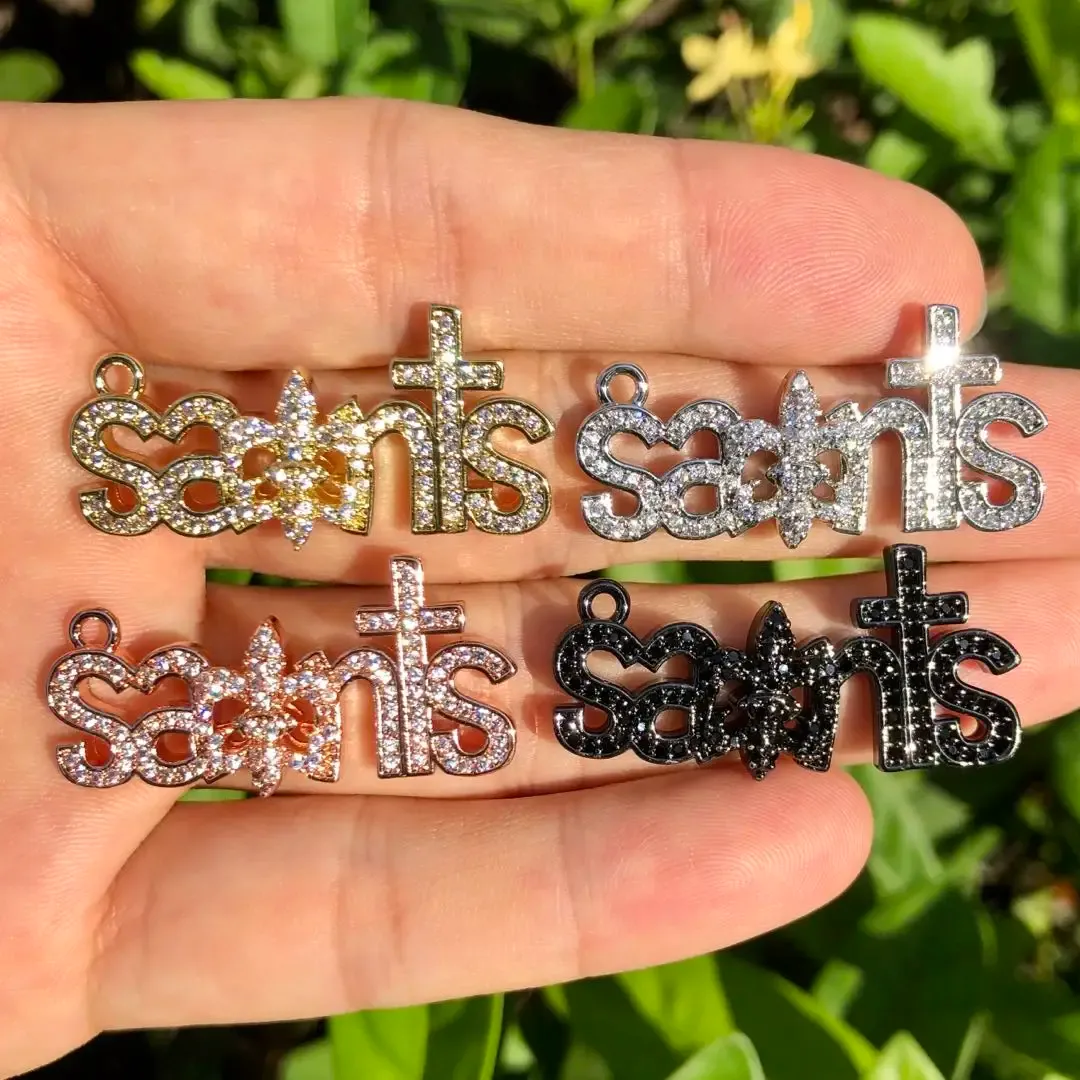 Charms 5pcs Cubic Zirconia Pave Saints Mot Charms Gold Plated Letter Pendant For Bracelet Collier Bangle Bijoux