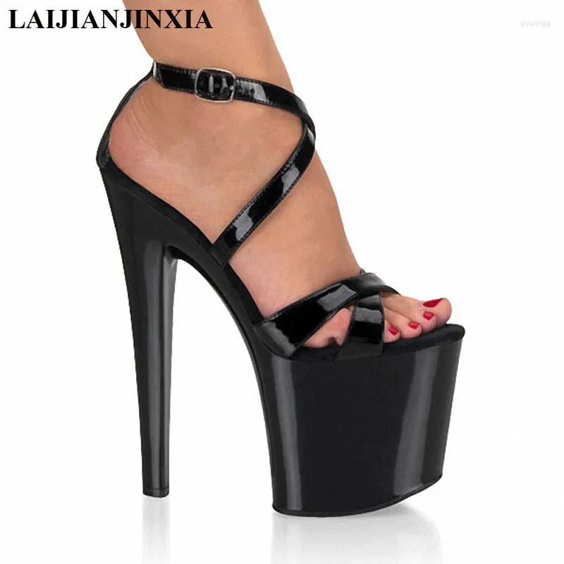 Sapatos de vestido Laijianjinxia senhora moda 8 polegadas salto alto sexy mulheres pólo dançando sandálias de tiras 20cm clubbing mulheres negras