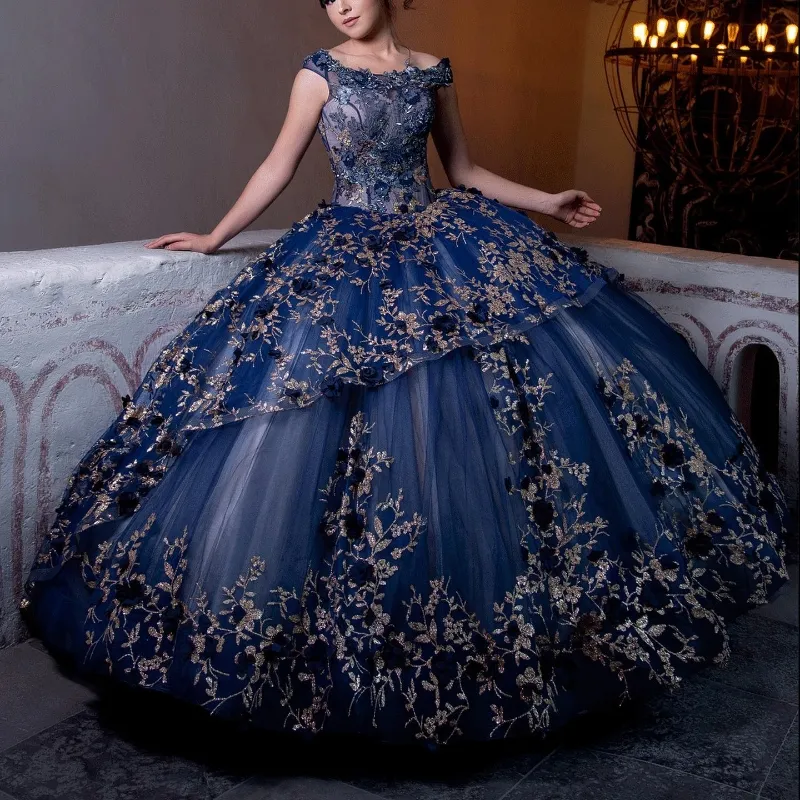 Abiti da ballo di lusso blu navy Abiti Quinceanera Shiny 3DFlowers Abito da sposa Abiti da sposa lunghi fino al pavimento Abiti 15 De Novia