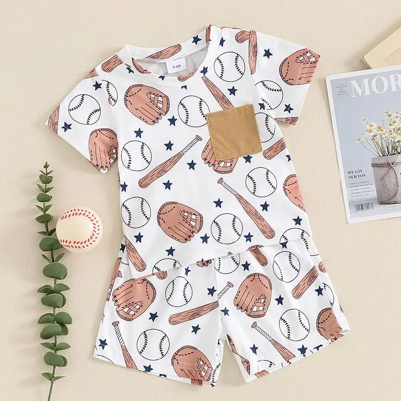 Kläderuppsättningar Kmbangi Toddler Baby Boy Summer Outfits Baseball Print Kort ärm Crew Neck Sweatshirt Elastiska midjeshorts 2m