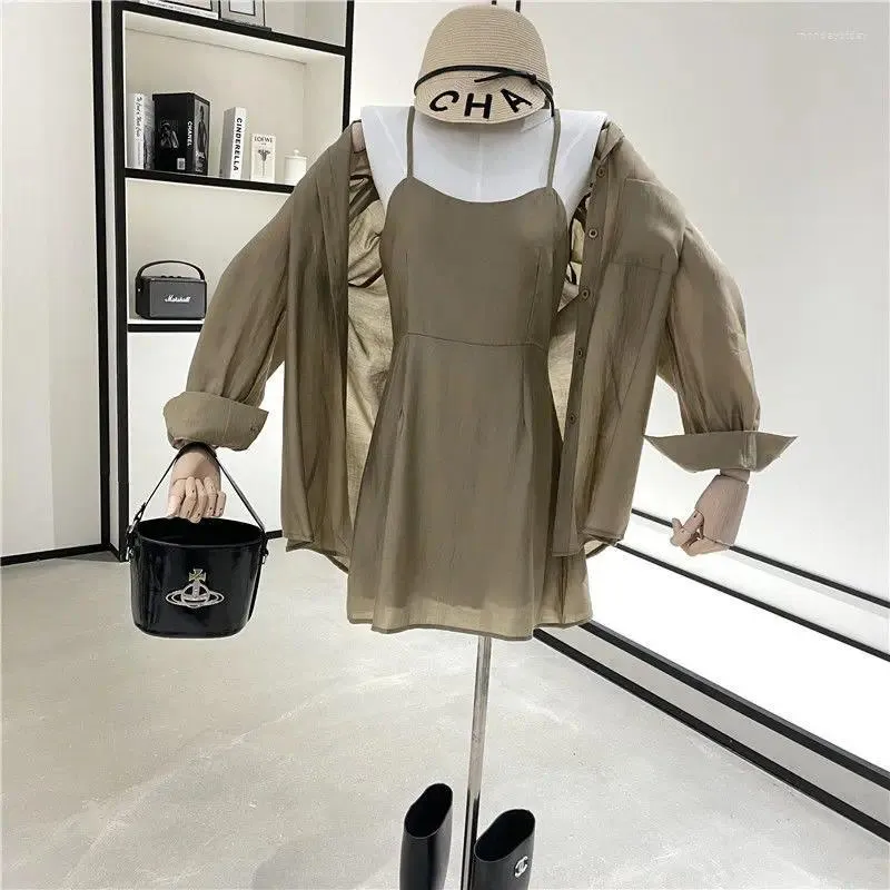 Casual Dresses Plus Size Hong Kong Style Women's Summer 2024 Pure French Cardigan Elegant Long Sleeve Shirt Shirt Skirt Dress Two-Piece Set