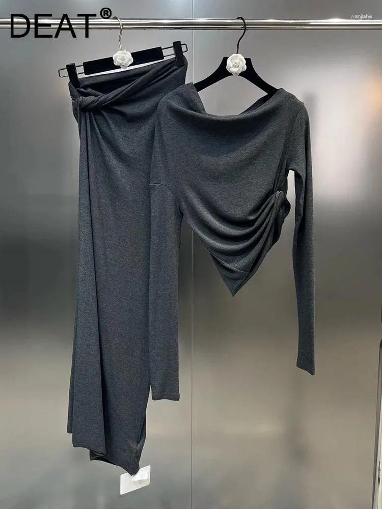 Robes de travail plissées irrégulières noires, ensemble deux pièces pour femmes, épaules dénudées, manches longues, taille, jupe torsadée, automne 2024, 11XX5147
