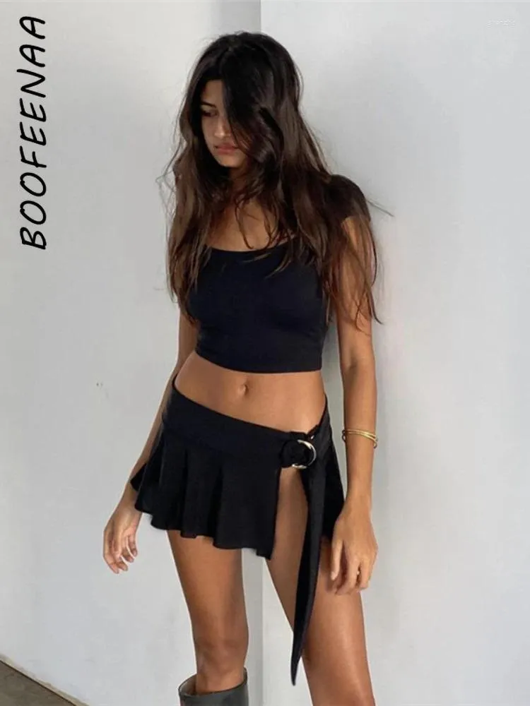 BOOFEENAA Festival tweedelige set Sexy backless crop top Minirok met split Zwart Zomeroutfits voor dames Vakantie 2024 C83-BE20