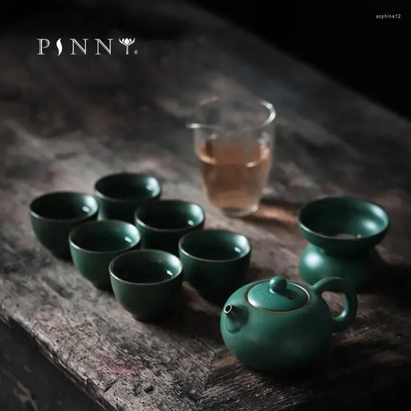 Teaware set pinny japansk keramik te set mörkgrön glasera service antik xishi tekanna ceremoni dekorationer