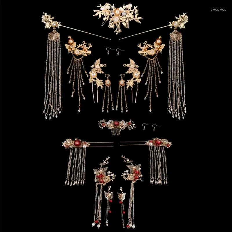 Ensemble collier et boucles d'oreilles E15E pour mariée, ornements de cheveux chinois rétro, pompon Han, accessoires pour vêtements, coiffure de mariage pour femmes