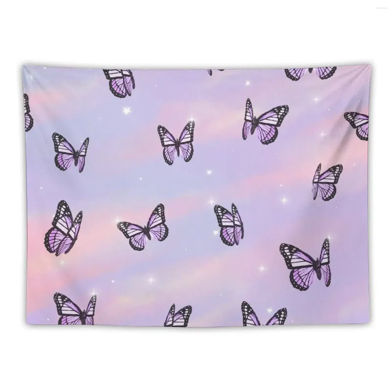 Tapisserier lila fjärilar kawaii solnedgång himmel moln tapestry tapet sovrum husdekor