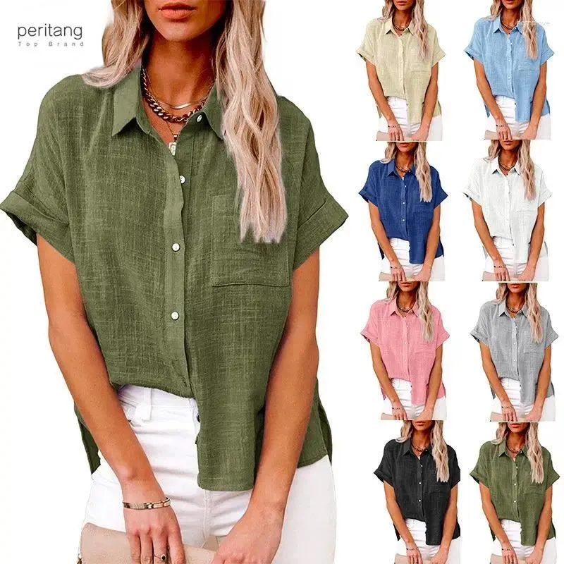 Kvinnors blusar Peritang Casual Solid Short Sleeve Cotton Linen Loose blus Vintage Harajuku överdimensionerad skjorta Elegant tunika sommarstoppar