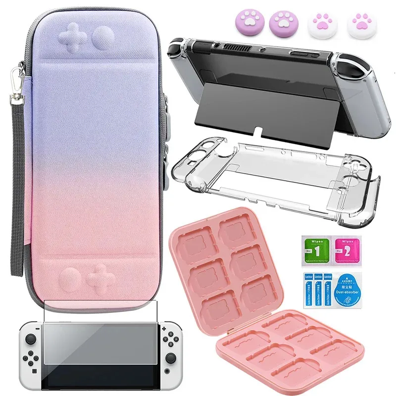 Switch OLED Accessories Set Storage Bag 9H Hemdrat Glass Protective Film Game Case PC Crystal Hard Shell Thumb Grip Caps 240322