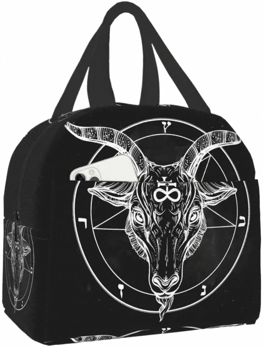 cover Pentagram with Dem Baphomet Satanic Goat Head Binary Symbol Portable Insulated Lunch Bag Lunch Box for Women Men Boy 77Zg#